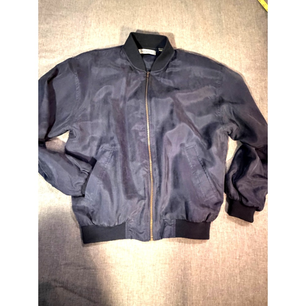Navy silk zippered bomber jacket with reversible option